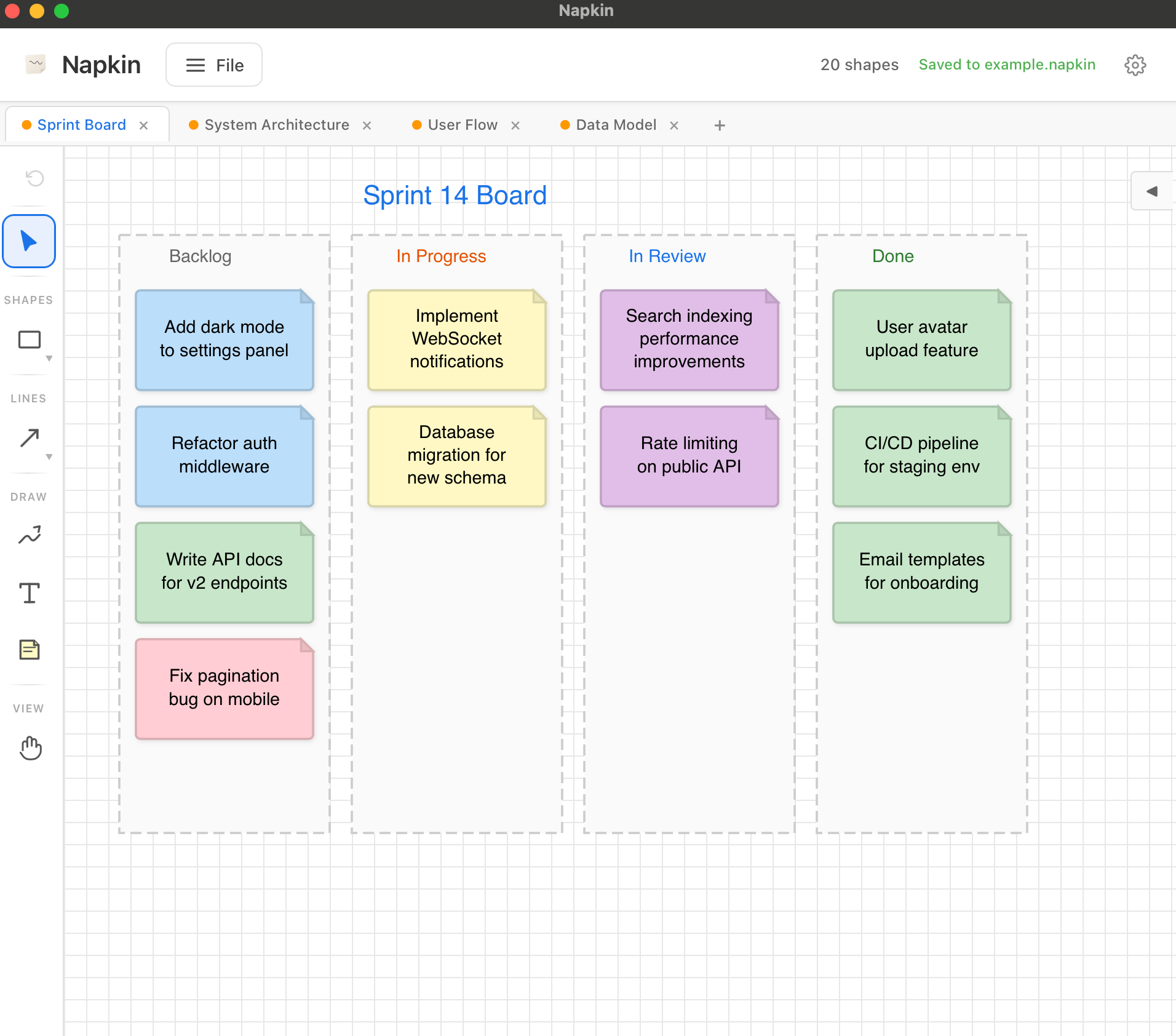 Sprint board with Backlog, In Progress, In Review, and Done columns with colored sticky notes