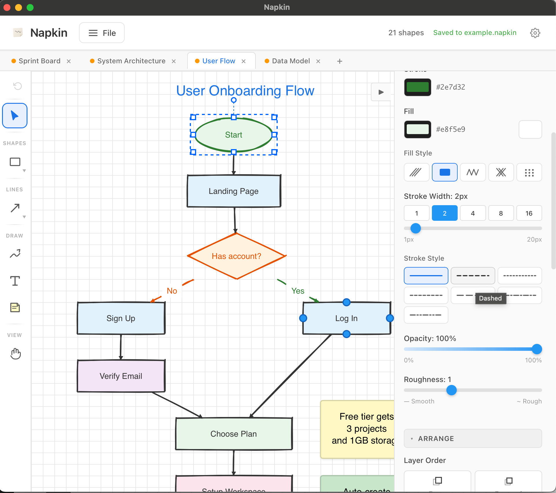 User onboarding flowchart with decision points, sign up and login paths