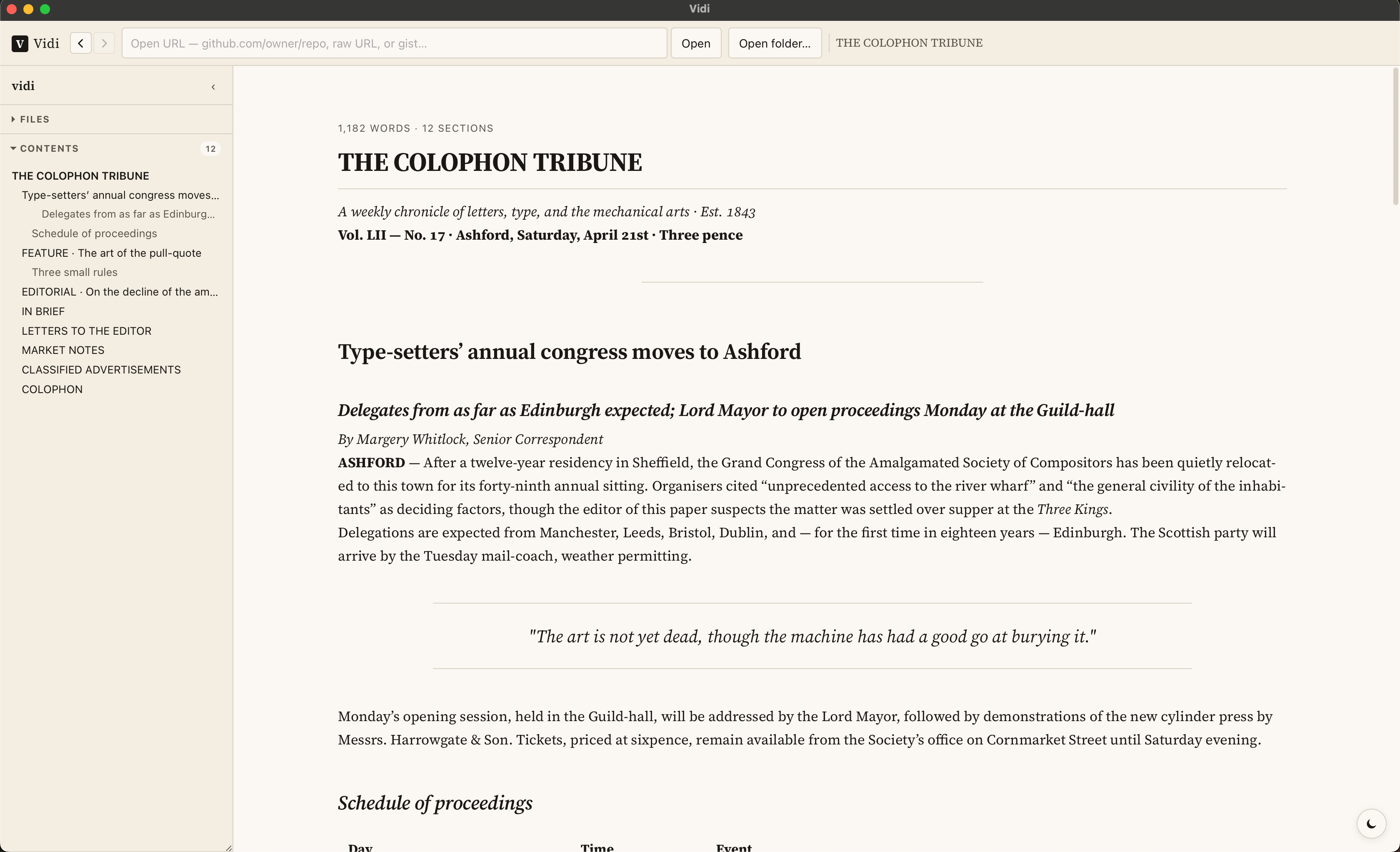 Vidi rendering The Colophon Tribune — a newspaper-style markdown sample with masthead, standfirst, byline, and pull-quote